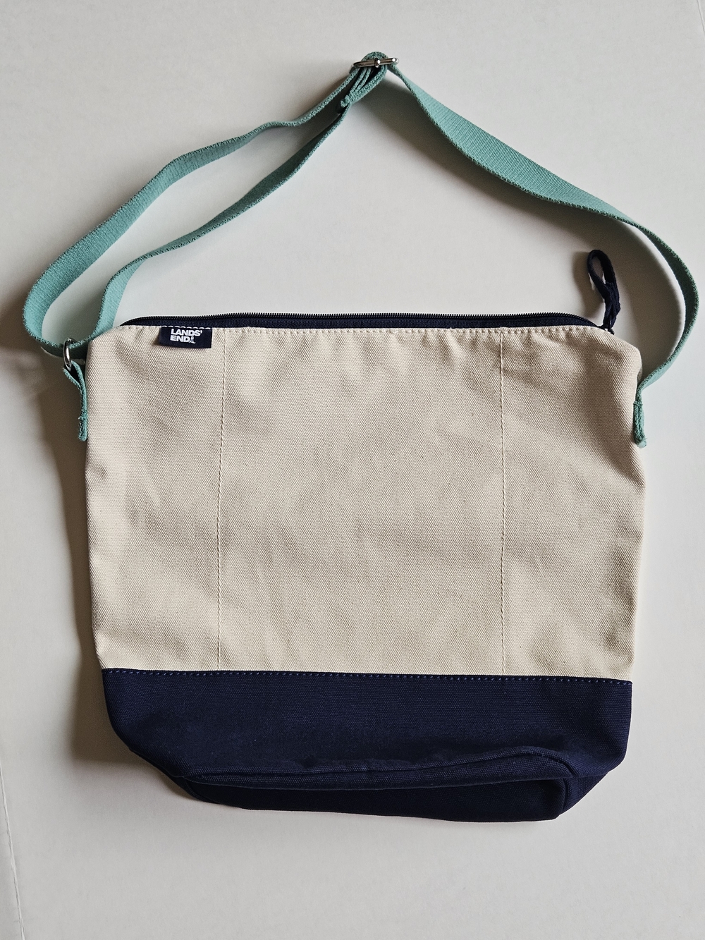 Lands' End Zip-Top Canvas bag w/ adjustable strap, Ivory/Navy/Teal